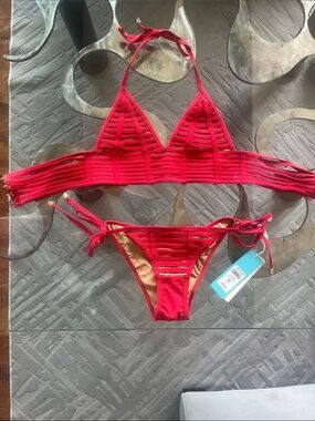 Beach Bunny Red Strappy Bikini Set Small Top Med Bottom